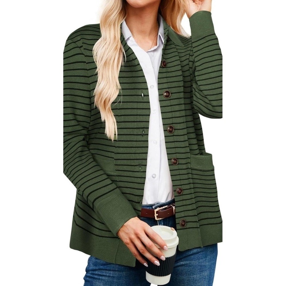 Grace Karin Green Black Striped Cardigan Medium C951